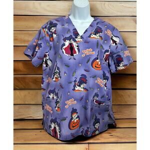 Disney 101 Dalmatians Cruella Halloween Scrub Top Sz Medium Purple V-Neck Shirt